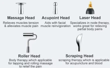 Five interchangeable massage heads labeled